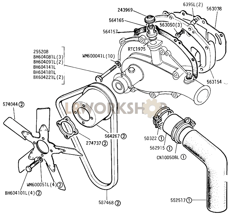 Water Pump Adaptor and Fan Part Diagram
